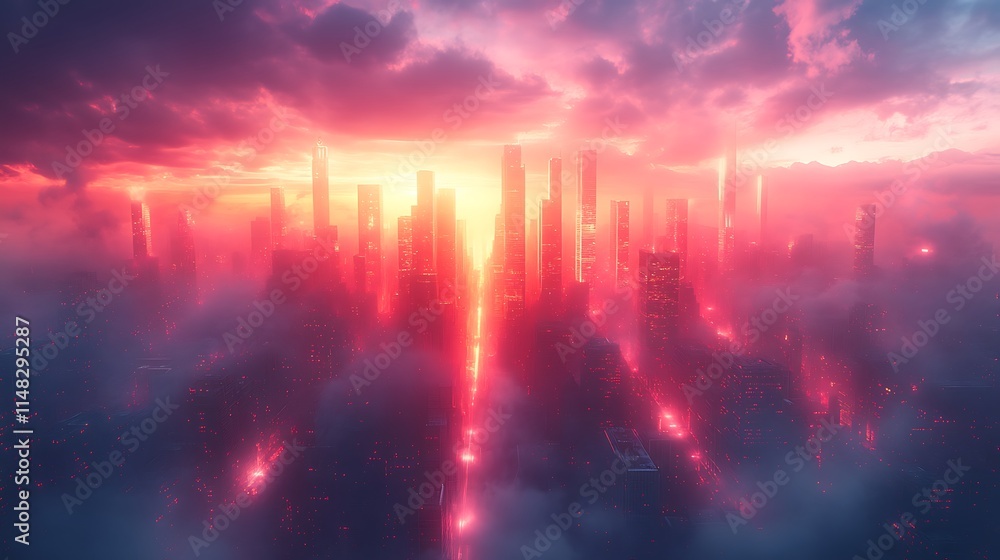Fototapeta premium Futuristic Cityscape at Sunset Glowing Red