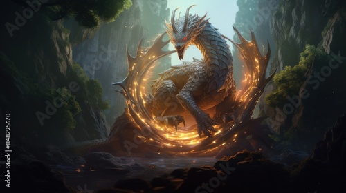A mythical dragon curled around an ancient, rune-covered rock, its body glowing with ethereal light, as it watches over a hidden valley filled.