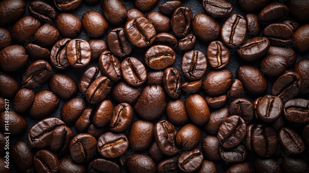 Naklejka premium Close-up of roasted coffee beans on dark surface