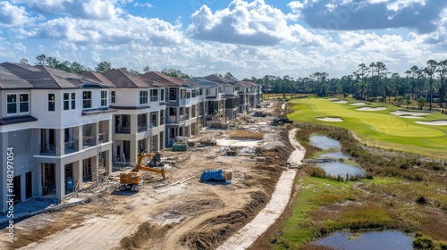 Aerial view of a residential construction site adjacent to a golf course.