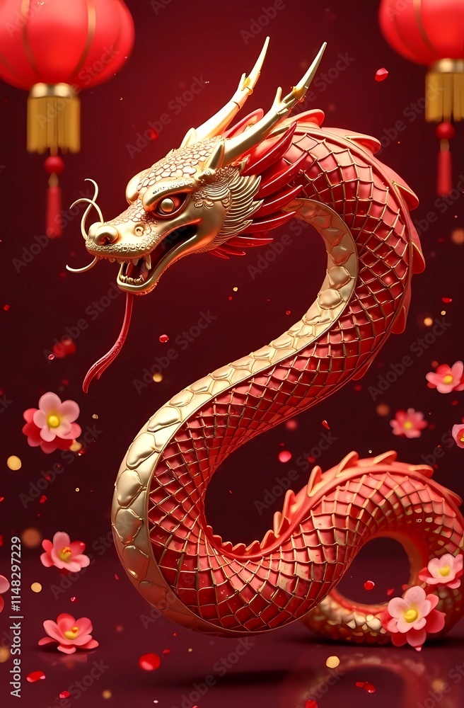Fototapeta premium Lunar New Year celebration 2025: Snake zodiac design with floral motifs, lanterns and red and gold elements. Chinese Dragon