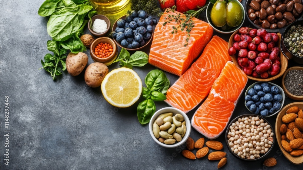 Flat lay of colorful salmon with vegetables on slate