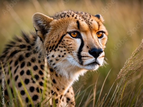 Cheetah resting in tall grass during golden hour in the savanna photo