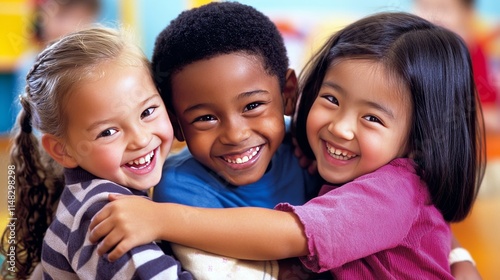 Happy multi-ethnic preschool children smiling at the camera while sitting together in a colorful classroom, embracing each other, and showcasing diversity, friendship, and childhood joy