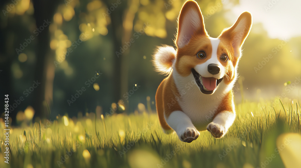 happy Welsh Corgi running through sunny park, ears flapping joyfully happy Welsh Corgi running through sunny park, ears flapping joyfully