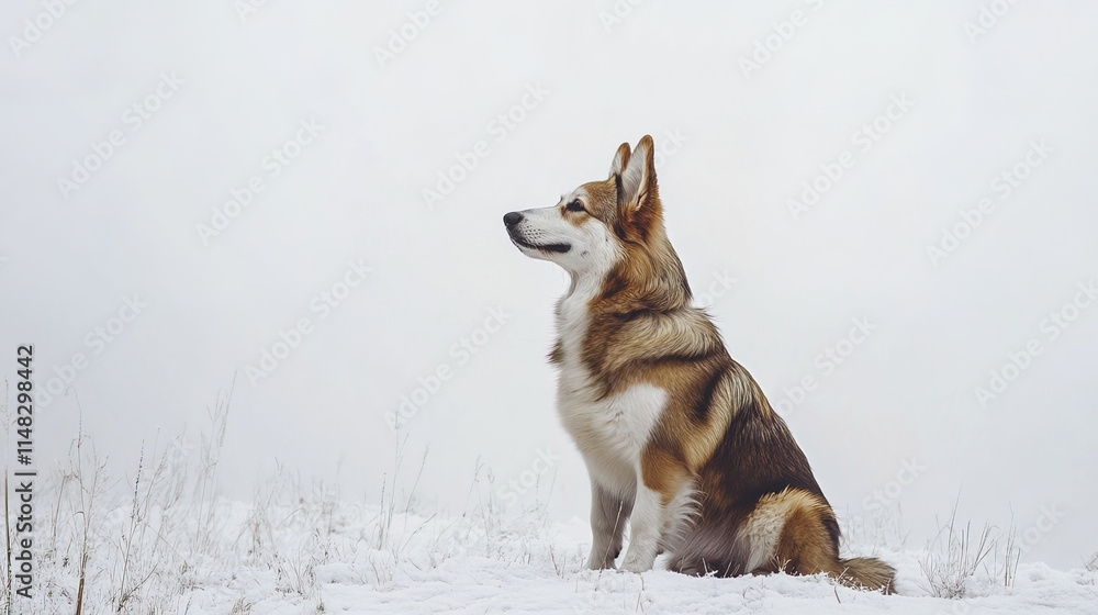 Naklejka premium corgi dog sitting in snow, showcasing its fluffy coat and alert expression