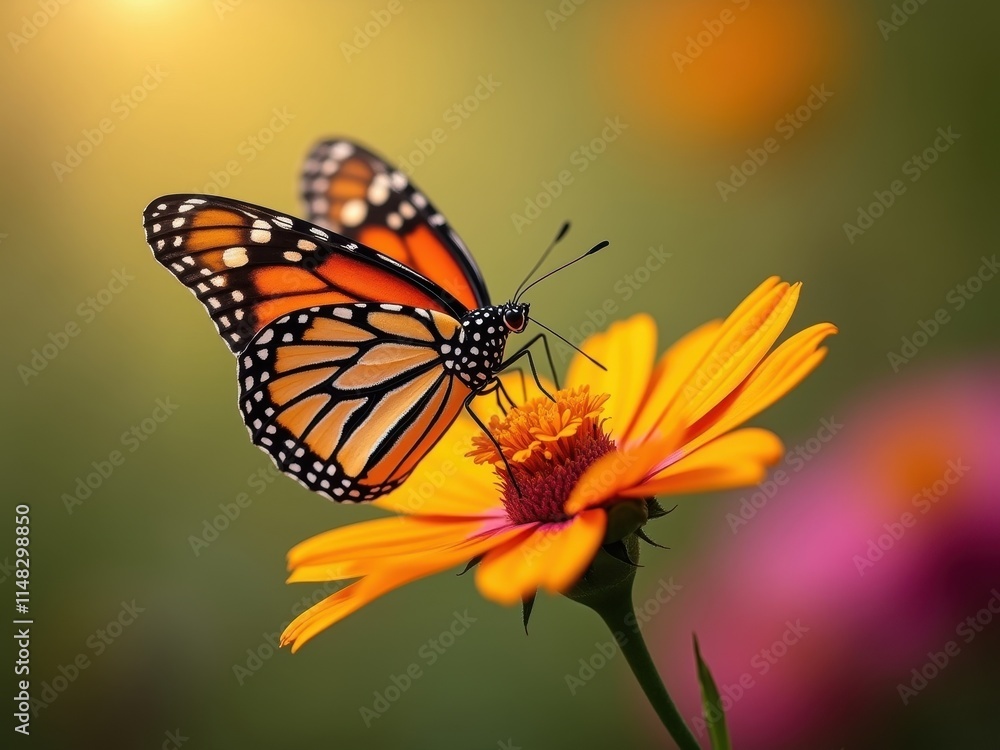 Obraz premium Monarch butterfly perched on vibrant yellow flower during sunny afternoon