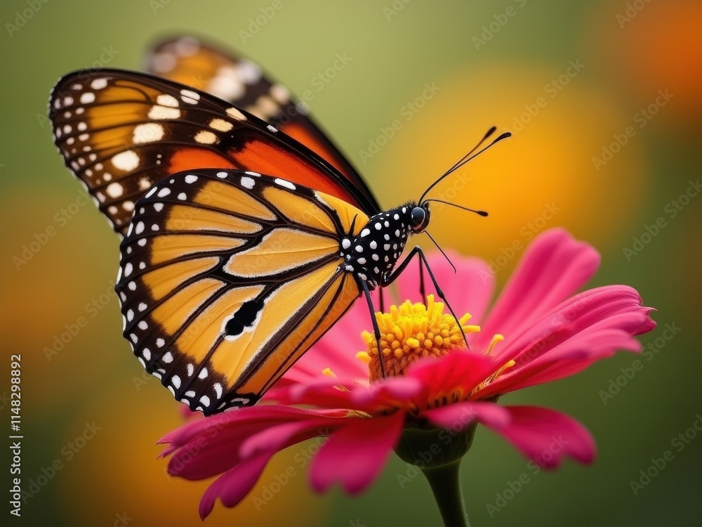Fototapeta premium Monarch butterfly perched on vibrant pink flower in a sunny garden setting