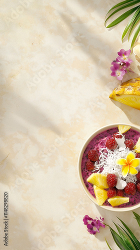Tropical açai bowl with berries, pineapple, coconut, and edible flowers. Minimalist style, bright lighting, and text space. Exotic, energizing atmosphere with purple, yellow, and white tones.
