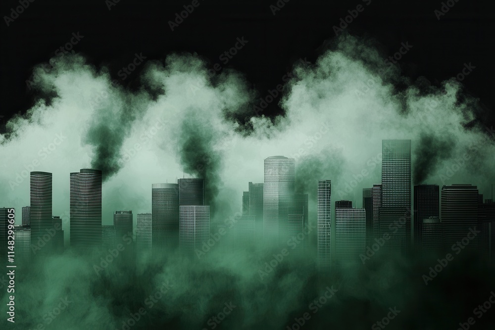 Obraz premium A dark city skyline shrouded in green smoke, creating a mysterious and atmospheric effect.