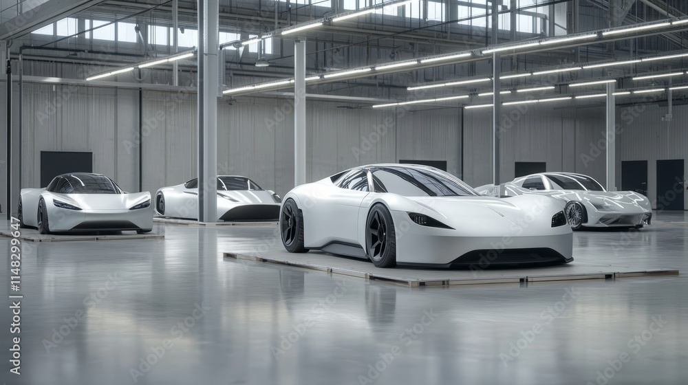 Fototapeta premium Modern cars elegantly arranged in an industrial showroom, showcasing sleek designs and advanced technology, embodying innovation and automotive excellence