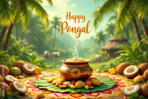 Happy Pongal Festival with Traditional Decorated Pot and Rangoli v.2