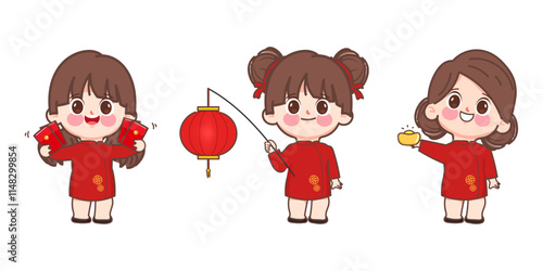 Chinese New Year Celebration with Girls in Traditional Costume, Vector, Illustration