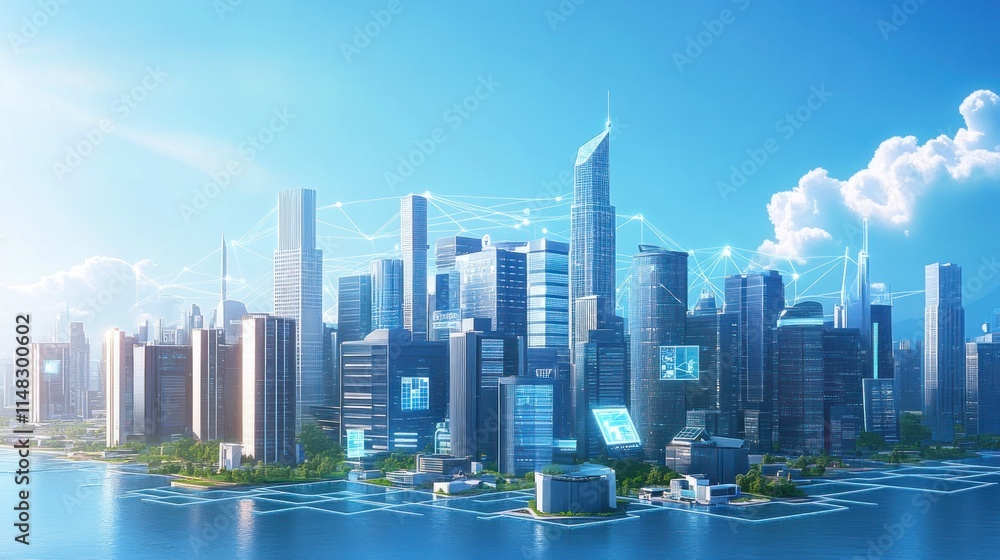 Fototapeta premium Futuristic cityscape with digital network connections.