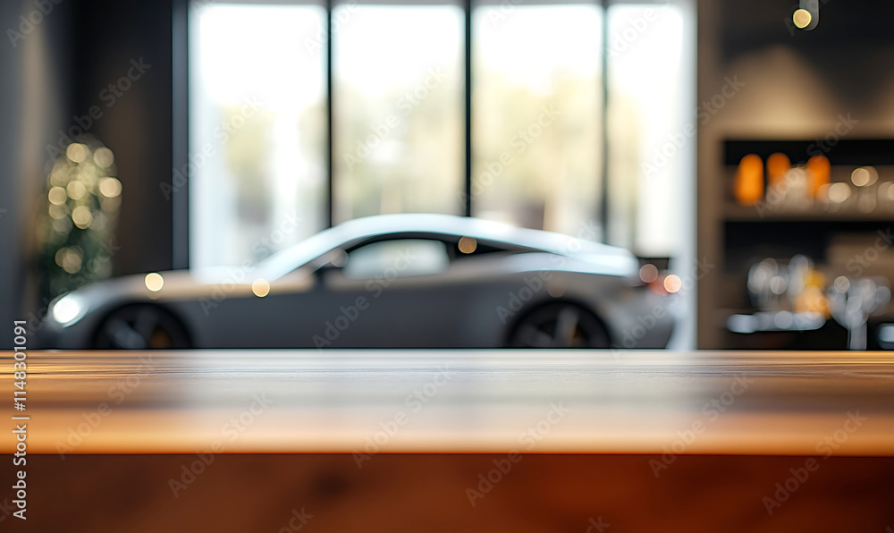 Fototapeta premium A modern wooden table top in a contemporary restaurant with a blurred view of the window, providing a subtle abstract background perfect for highlighting products in a display or advertisement