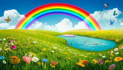 Ingelijste posters Regenboog Cartoon weide met pluizige wolken  © Thapanon Phoonchai