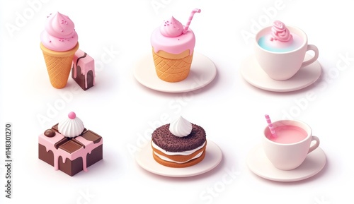 Adorable 3D Dessert Collection: Ice Cream, Cupcakes, and Drinks in a Whimsical Style