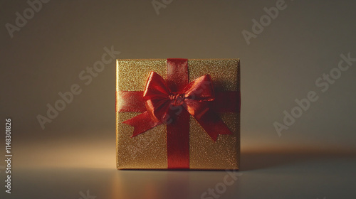 A sophisticated golden gift box adorned with a bold red ribbon, isolated on a white background, ideal for Christmas, New Year, or celebratory events. photo