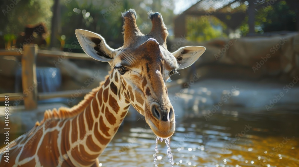 Obraz premium Graceful giraffe sipping water and enjoying a sunny day at the local zoo near a tranquil pond