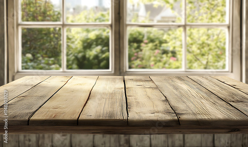 A wooden table with a blurred restaurant window background  creating an inviting and versatile backdrop for showcasing products  menus  or promotions in a restaurant setting