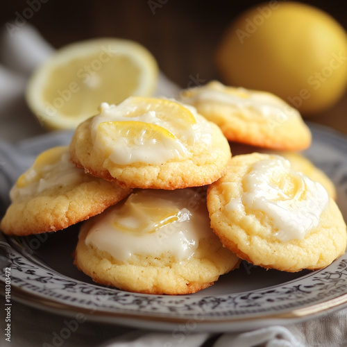 Group of delicious shortbread and lemon custard biscuits on a decorated plate. Blurred background with lemons.