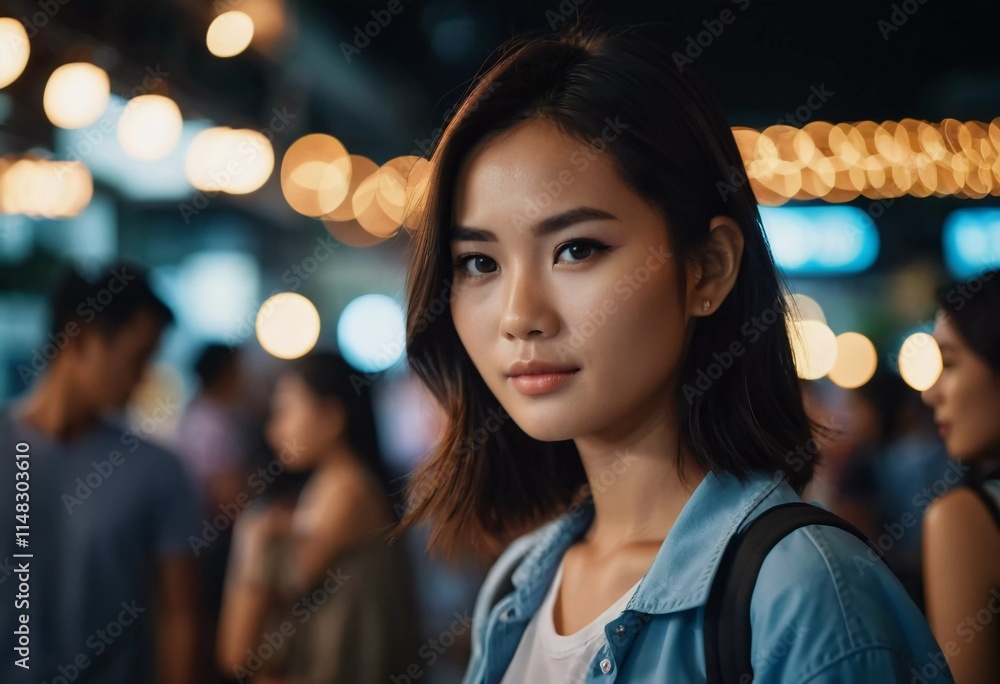 Obraz premium A young woman stands confidently in the bustling night market in Thailand. Soft lights illuminate her features as she interacts with the vibrant surroundings filled with people. Generative AI