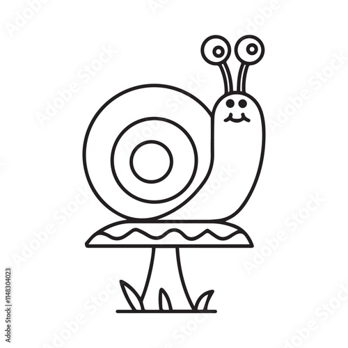 Coloring page with cute snail and mushrooms in grass for kids, kawaii black and white cartoon insects themed educational worksheet for print, game for preschoolers