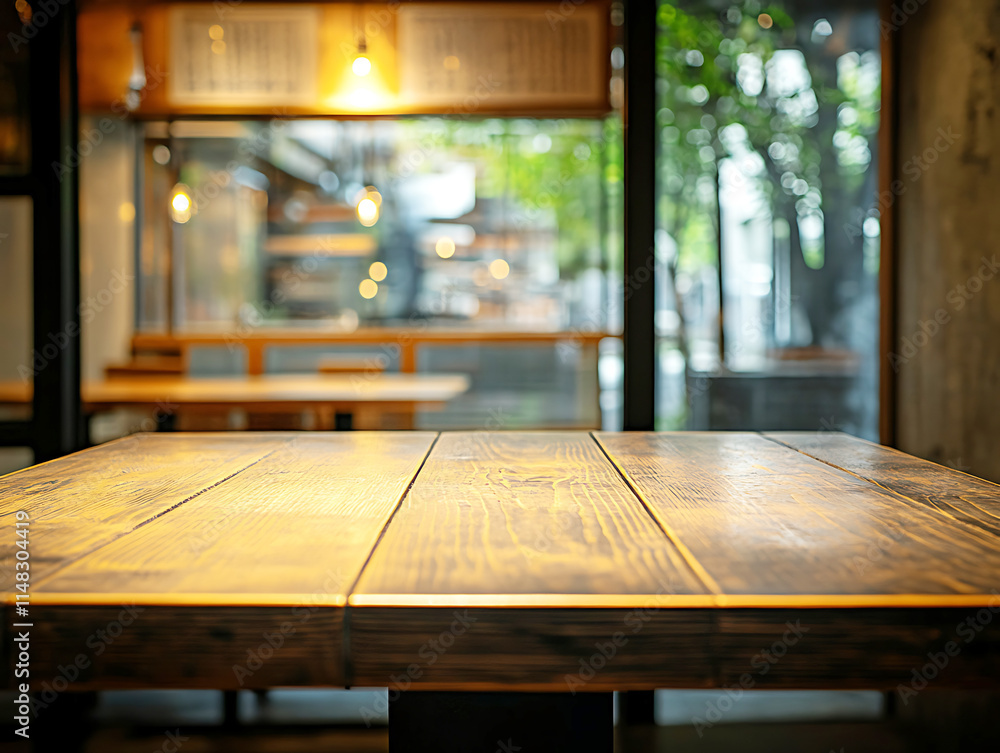 An empty wooden table with a soft, blurred restaurant interior through a glass window, ideal for showcasing products or creating promotional content An empty wooden table with a soft, blurred restaurant interior through a glass window, ideal for showcasing products or creating promotional content