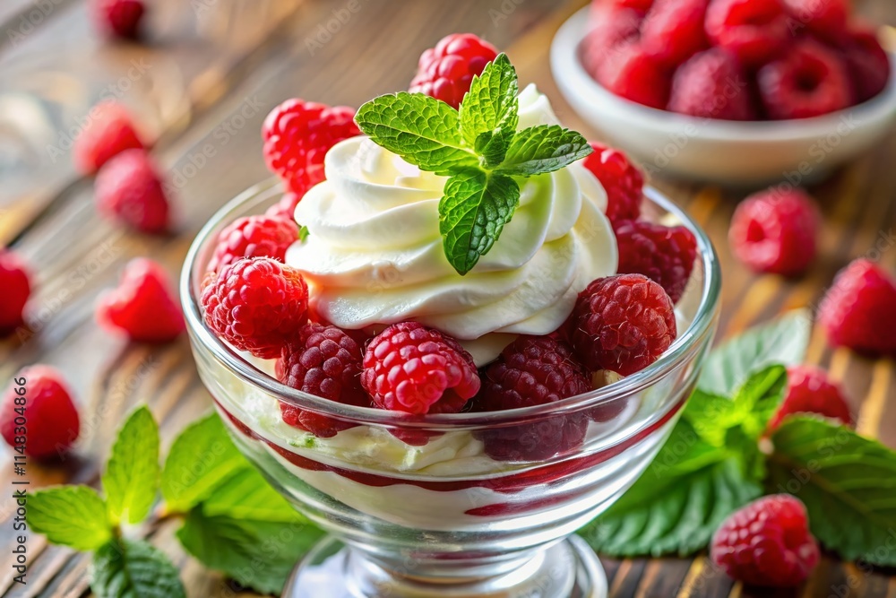 Raspberry Whipped Cream Dessert Glass Bowl Recipe Photography - Delicious Summer Treat Raspberry Whipped Cream Dessert Glass Bowl Recipe Photography - Delicious Summer Treat