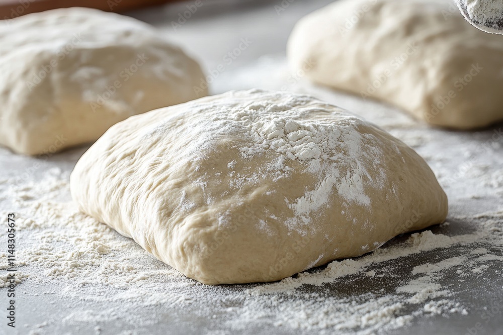 Three dough pieces, ready for baking, dusted with flour on a gray surface. Three dough pieces, ready for baking, dusted with flour on a gray surface.