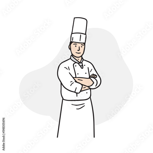 An illustration of a man facing the front with his arms crossed while wearing a chef's uniform and hat. Hand-drawn character vector elements.