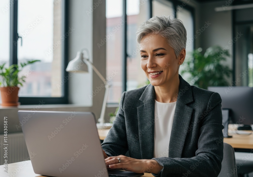 Professional businesswoman, short silver hair, warm smile, charcoal gray blazer, white blouse Professional businesswoman, short silver hair, warm smile, charcoal gray blazer, white blouse