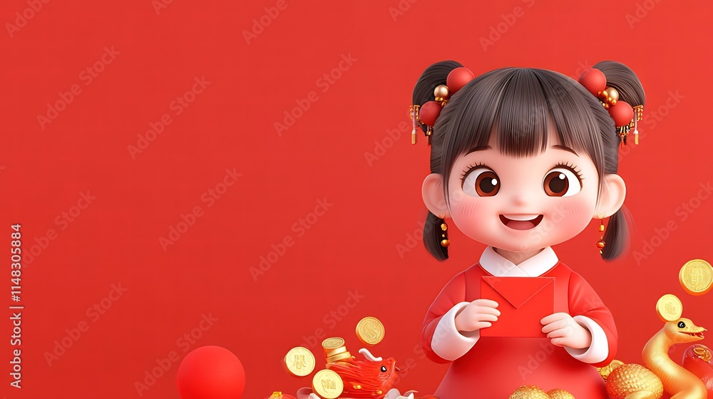 Cute cartoon girl in red dress holding red envelope, surrounded by gold coins and dragon. Cute cartoon girl in red dress holding red envelope, surrounded by gold coins and dragon.