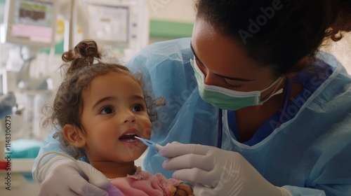 Pediatric hospital ward featuring dedicated medical professionals in protective gear, emphasizing compassionate care and safety in healthcare environments