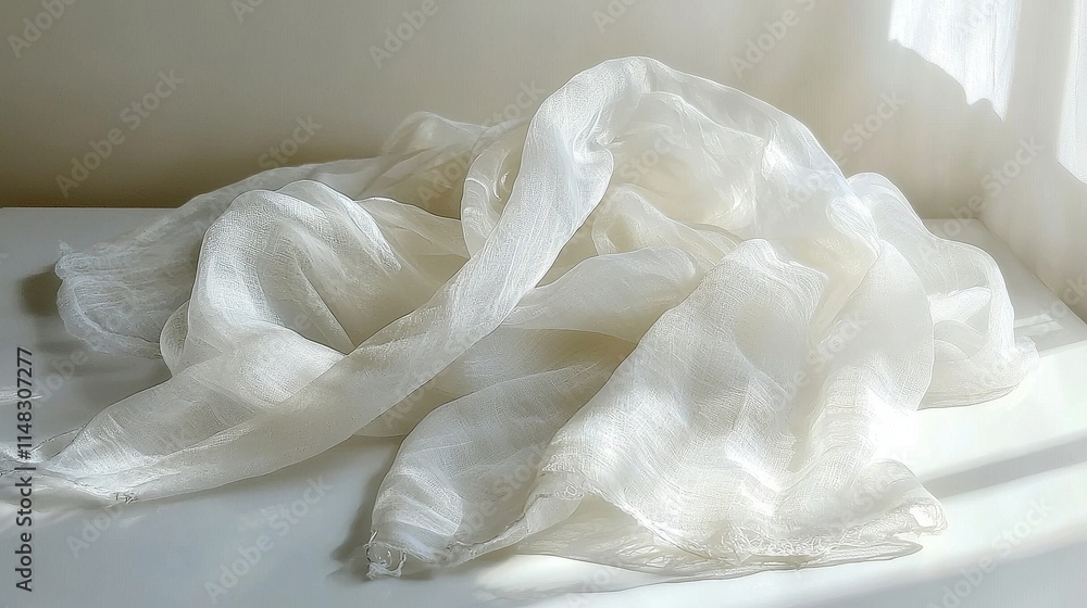 Soft White Sheer Fabric Draped Elegantly on a Bright Surface with Natural Light Soft White Sheer Fabric Draped Elegantly on a Bright Surface with Natural Light