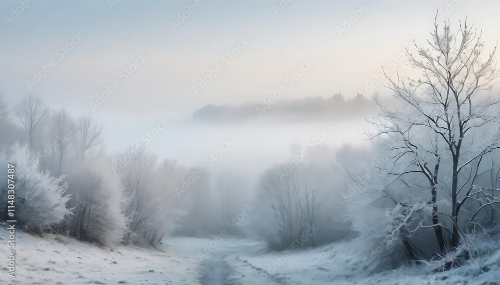 Frosty Winter Landscape with Foggy Trees and Path Frosty Winter Landscape with Foggy Trees and Path