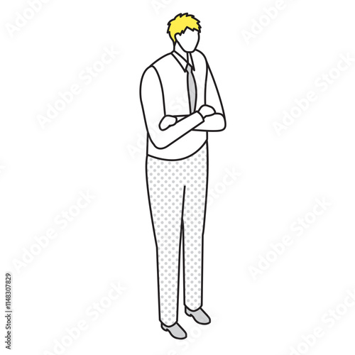 アイソメトリック_ワイシャツとネクタイで腕を組んで立っている男性のイラスト