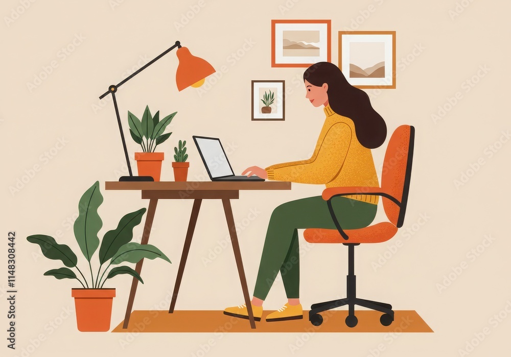 Illustration of woman working at desk, minimalist style, flat design, warm color palette Illustration of woman working at desk, minimalist style, flat design, warm color palette