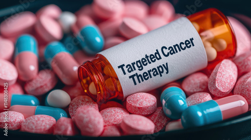 Cancer Therapy Concept, Close-Up of Pill Bottle Labeled Targeted Cancer Therapy on Colorful Assorted Pills and Tablets