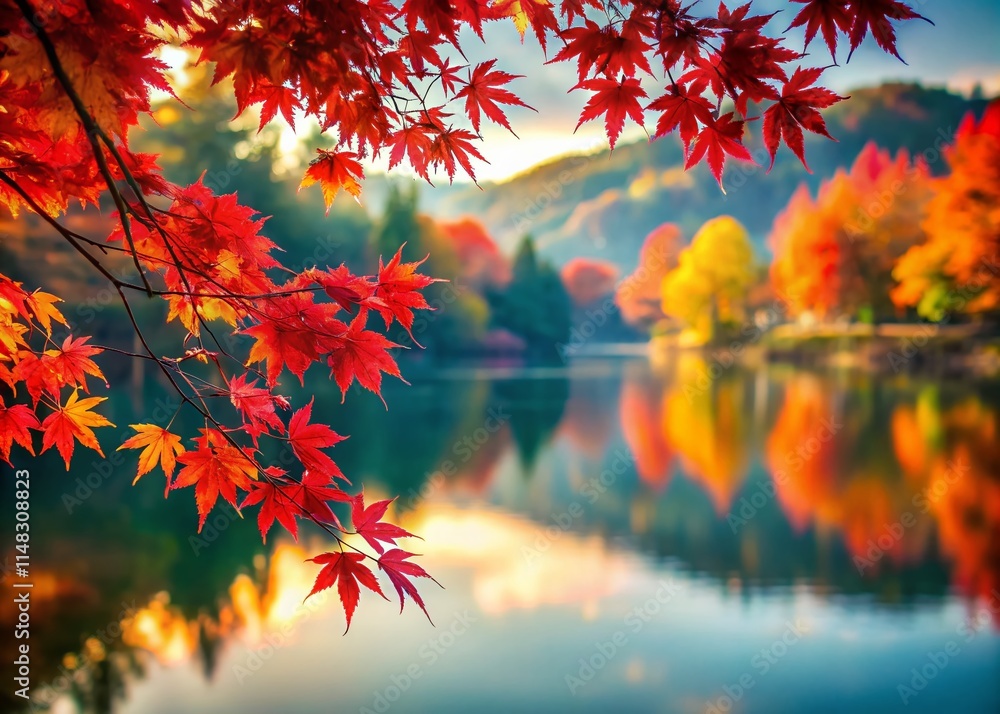 Red Maple Lake Reflection, Tilt-Shift Photography, Serene Morning, Autumn Scenery, Peaceful Landscape Red Maple Lake Reflection, Tilt-Shift Photography, Serene Morning, Autumn Scenery, Peaceful Landscape