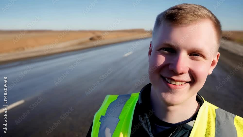 A cheerful young White man is enjoying a sunny day on a deserted road while wearing a bright safety vest A cheerful young White man is enjoying a sunny day on a deserted road while wearing a bright safety vest