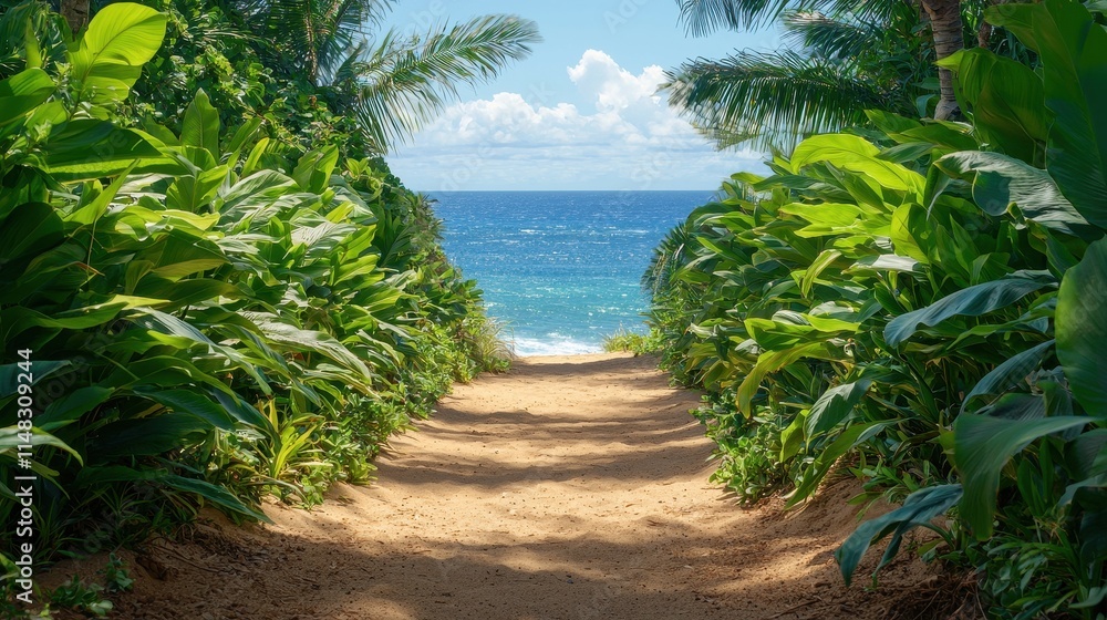 Obraz premium Lush Tropical Pathway Leading to a Vibrant Ocean Under a Clear Blue Sky