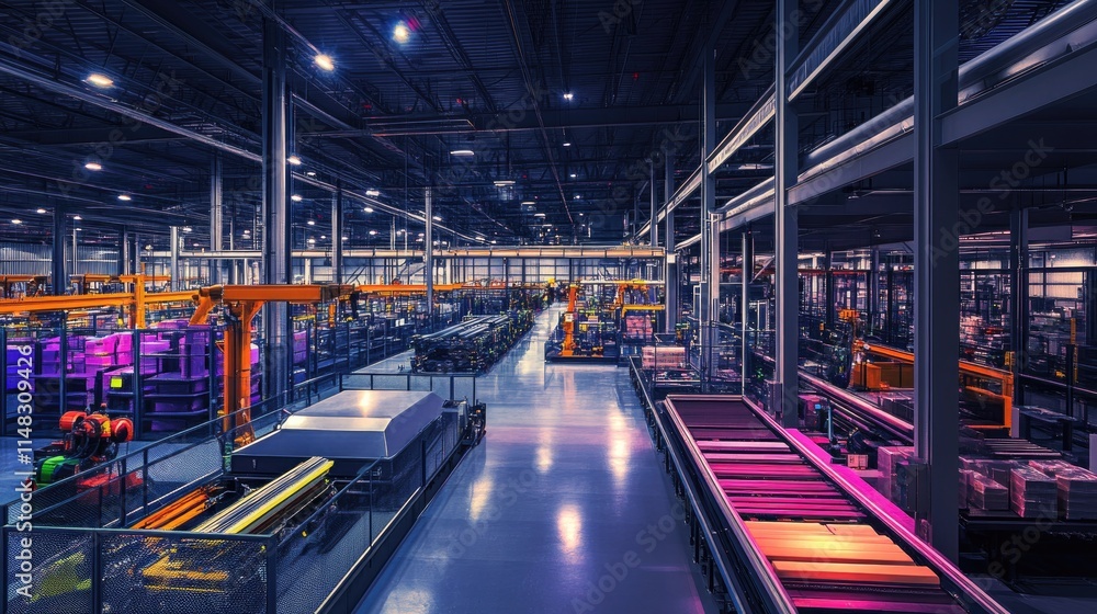 Modern automated factory interior with robotic arms and conveyor belts. Modern automated factory interior with robotic arms and conveyor belts.