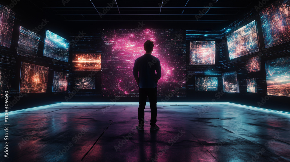 Man Standing in Futuristic Digital Control Room Surrounded by Multiple Screens Displaying Data Man Standing in Futuristic Digital Control Room Surrounded by Multiple Screens Displaying Data