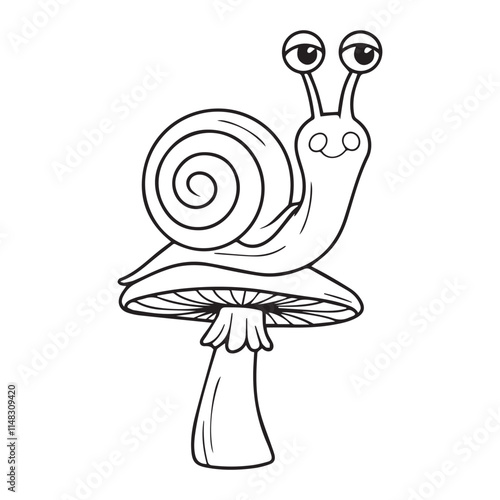 Coloring page with cute snail and mushrooms in grass for kids, kawaii black and white cartoon insects themed educational worksheet for print, game for preschoolers