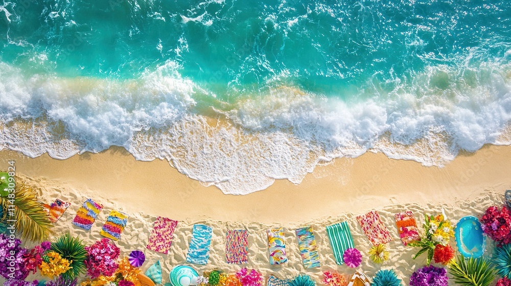 Beach scene with colorful towels and flowers, top view. Beach scene with colorful towels and flowers, top view.