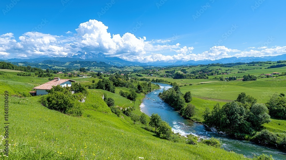Naklejka premium Serene river valley landscape with house, green fields, and mountains under a blue sky with fluffy clouds.