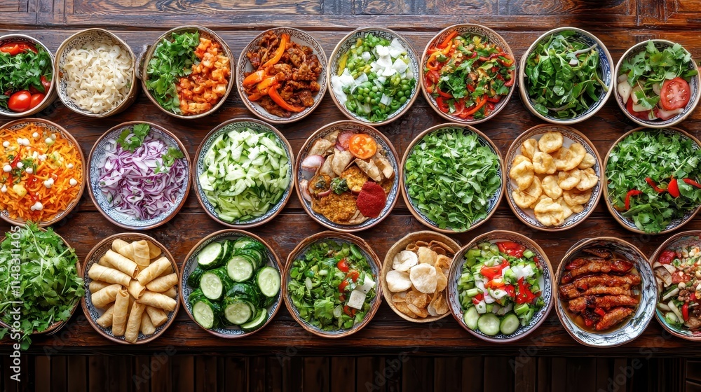 Colorful Array of Fresh and Healthy Dishes Displayed on a Wooden Table Colorful Array of Fresh and Healthy Dishes Displayed on a Wooden Table