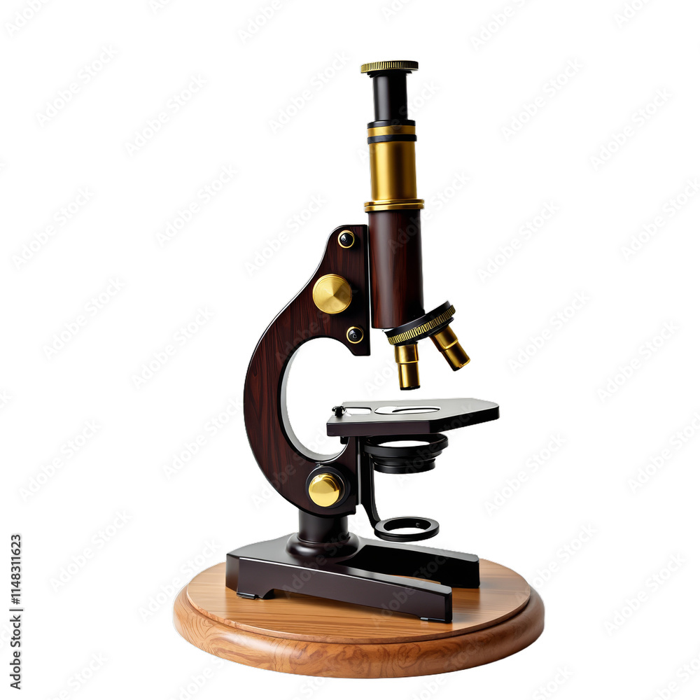 A shiny goldtrimmed microscope on a wooden base A shiny goldtrimmed microscope on a wooden base