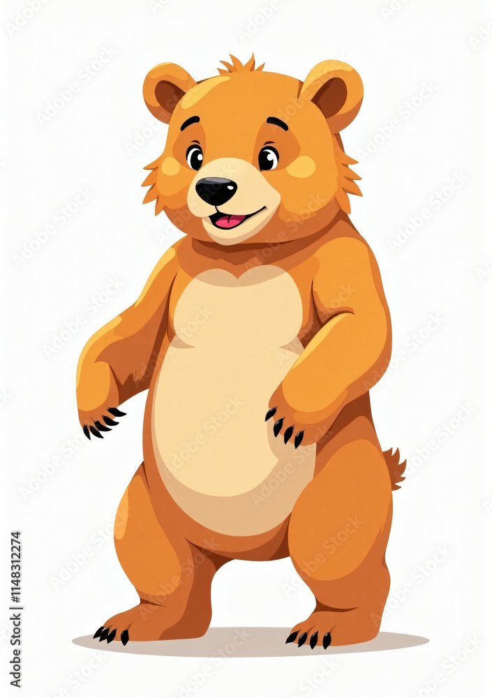 Fototapeta premium Playful Bear Cub Standing Upright, Stylized 2D Wildlife Art on White Background 